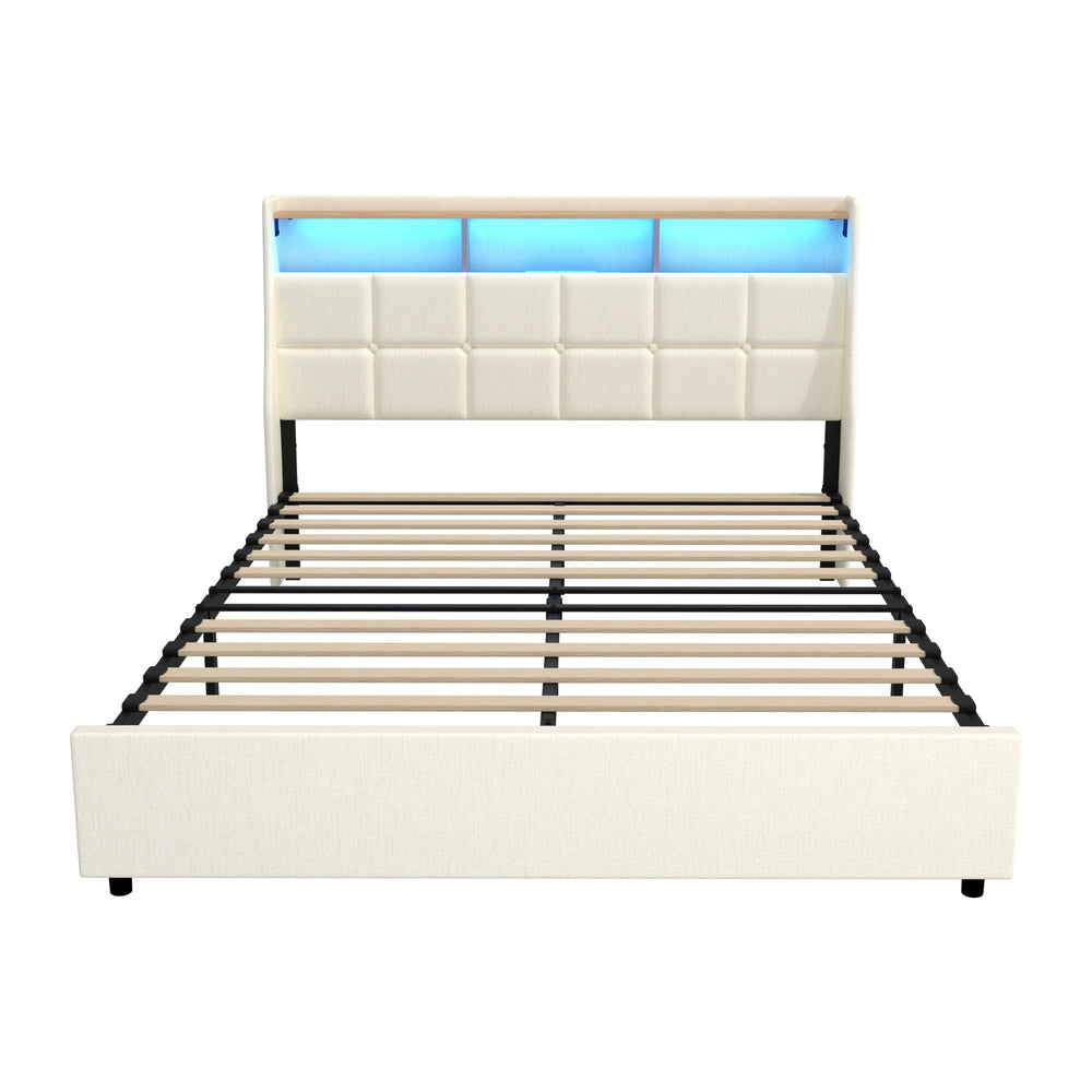 Amaro Beige LED Storage Bed with USB Charging | Fabric Headboard Storage LED Lights Bed Frame