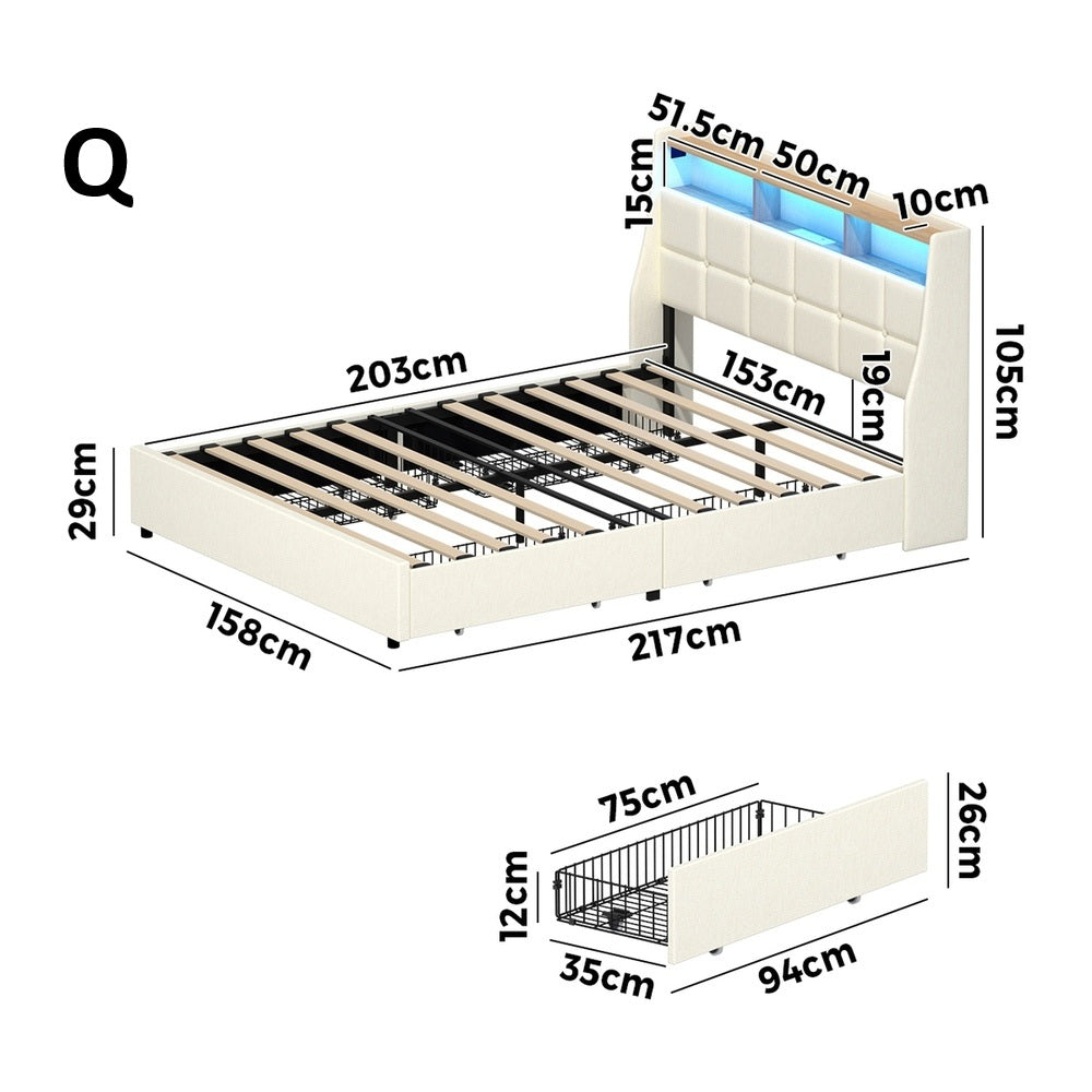 Amaro Beige LED Storage Bed with USB Charging | Fabric Headboard Storage LED Lights Bed Frame