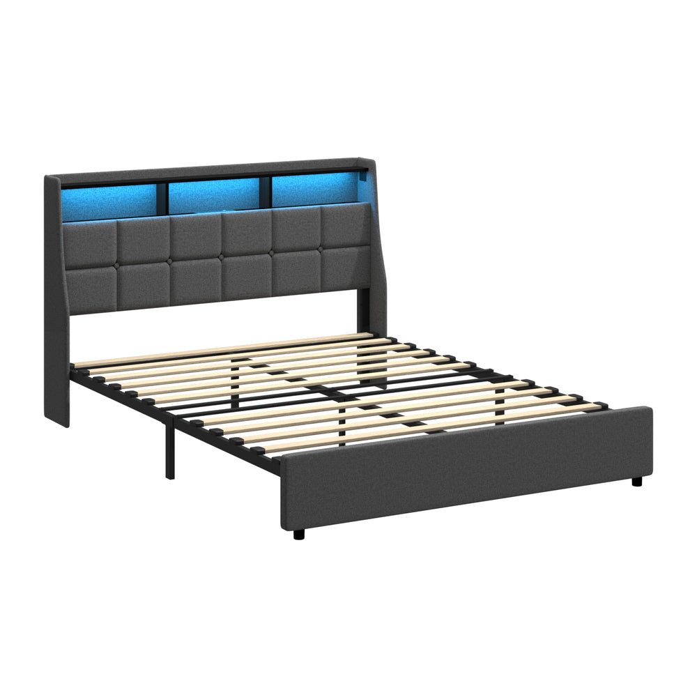 Amaro LED Storage Bed with USB Charging | Grey Fabric Headboard Storage LED Lights Bed Frame