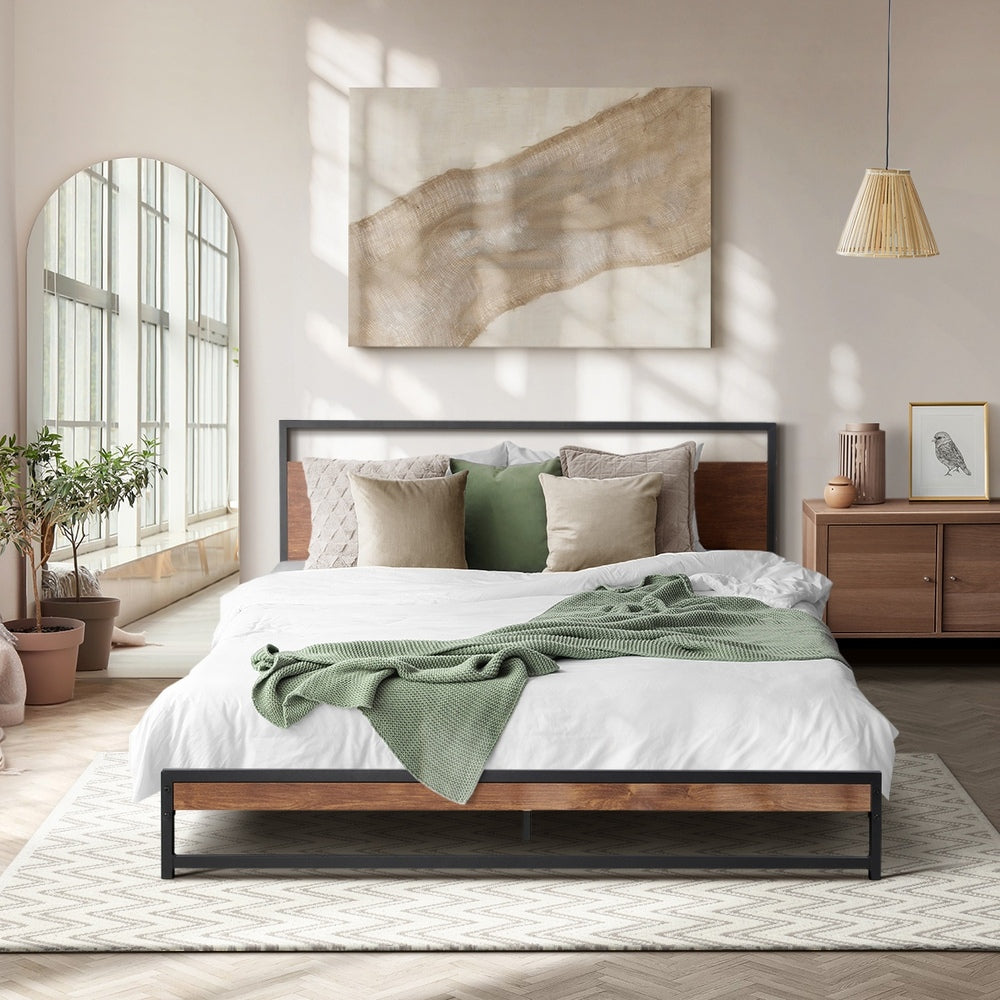 Isco Modern Metal and Wood Bed | Strong Metal Support Platform Bed Frame