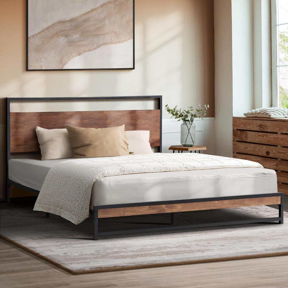 Isco Modern Metal and Wood Bed | Strong Metal Support Platform Bed Frame
