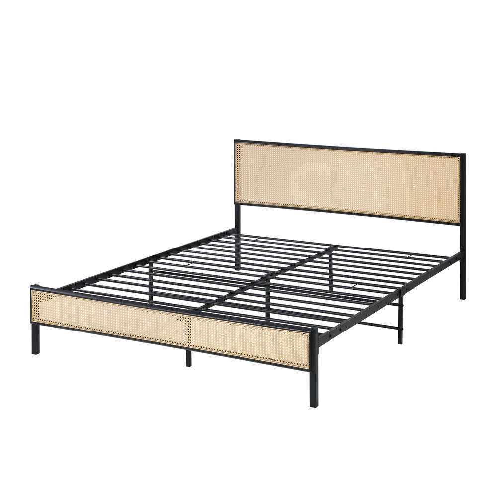Aspen Retro Modern Rattan and Metal Bed Frame | Strong Metal Frame Bed with Rattan Headboard