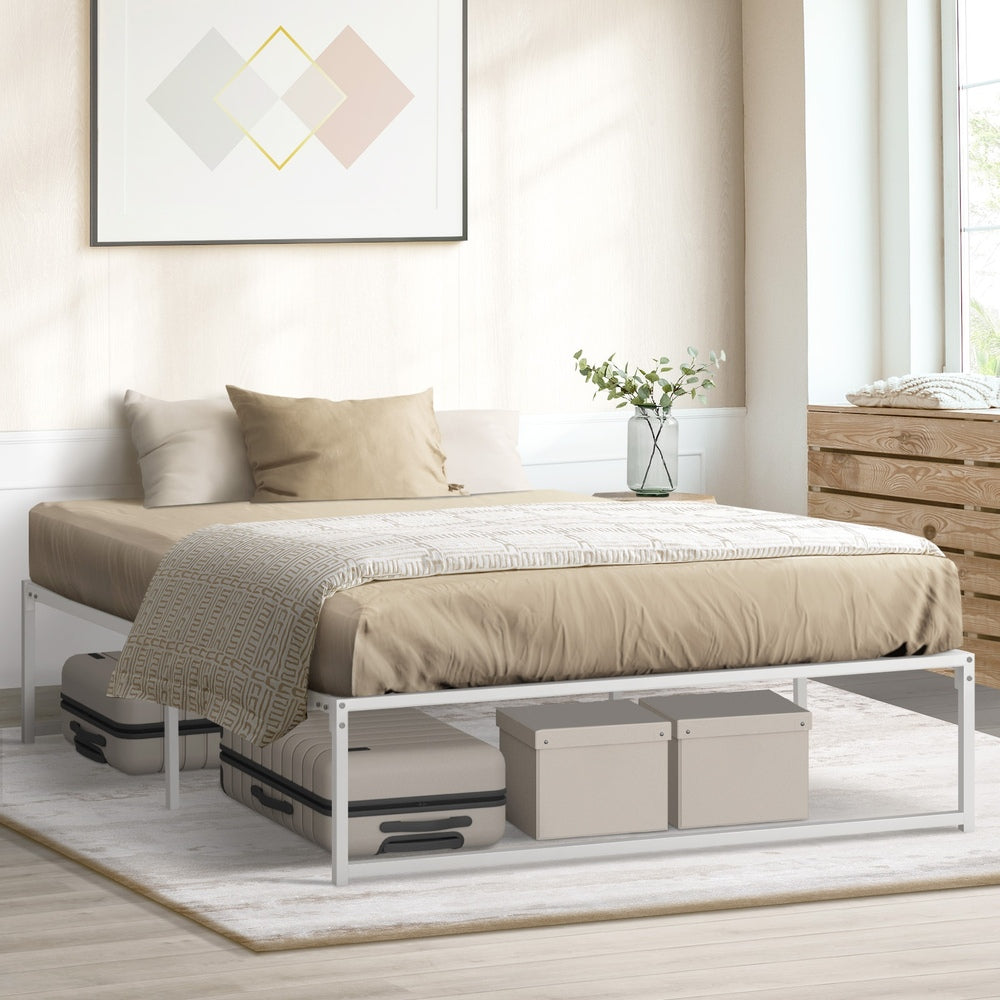 Maurizzi Premium Full Metal Platform Bed in White | Reinforced Durable Metal Floating Bed Base