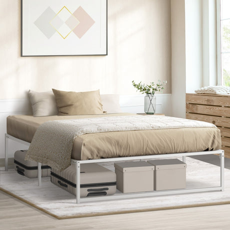 Maurizzi Premium Full Metal Platform Bed in White | Reinforced Durable Metal Floating Bed Base