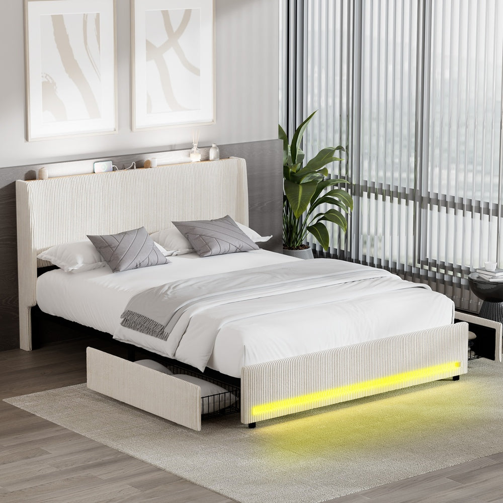 Palazzo LED Storage Bed w USB Charging | Beige Premium Soft Fabric Ambient Lighting Bed Frame
