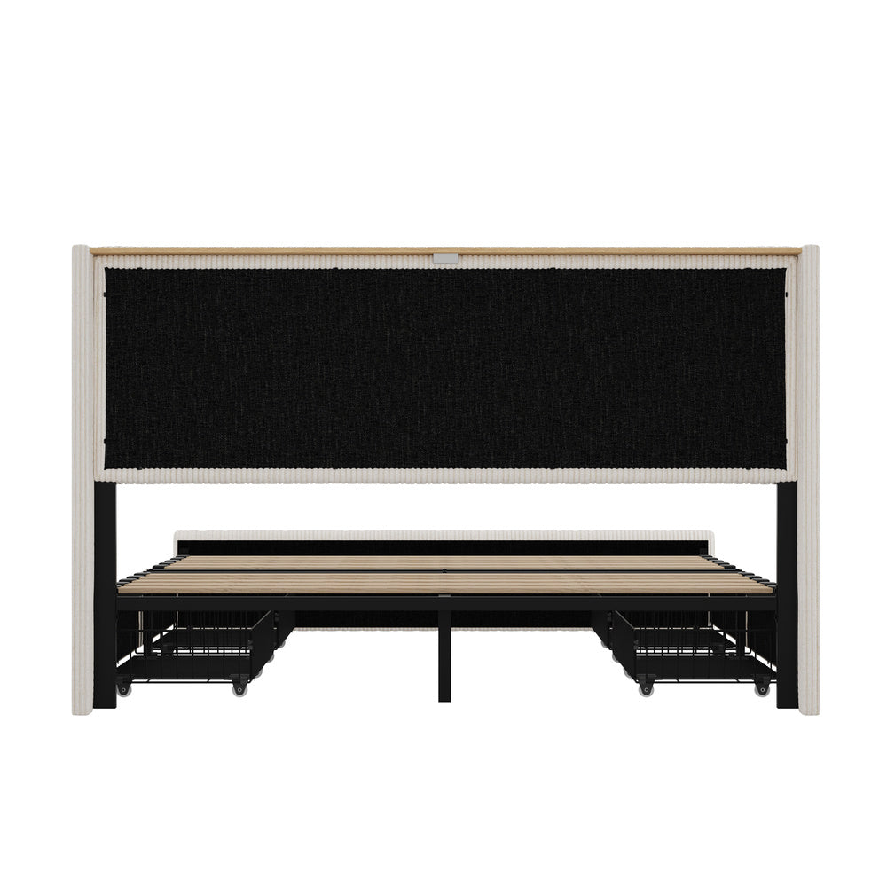 Palazzo LED Storage Bed w USB Charging | Beige Premium Soft Fabric Ambient Lighting Bed Frame