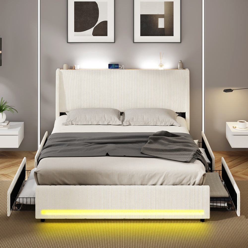 Palazzo LED Storage Bed w USB Charging | Beige Premium Soft Fabric Ambient Lighting Bed Frame