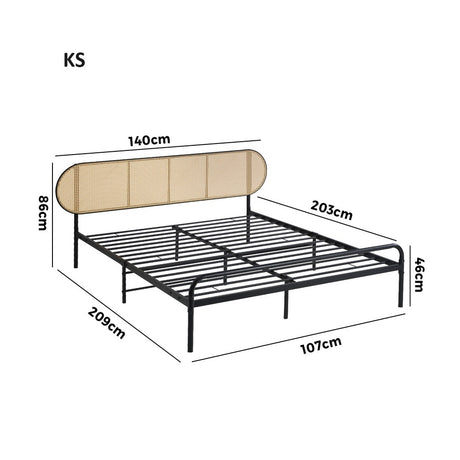 Mona Retro Modern Arched Rattan and Metal Bed Frame | Strong Metal Frame Bed with Rattan Headboard