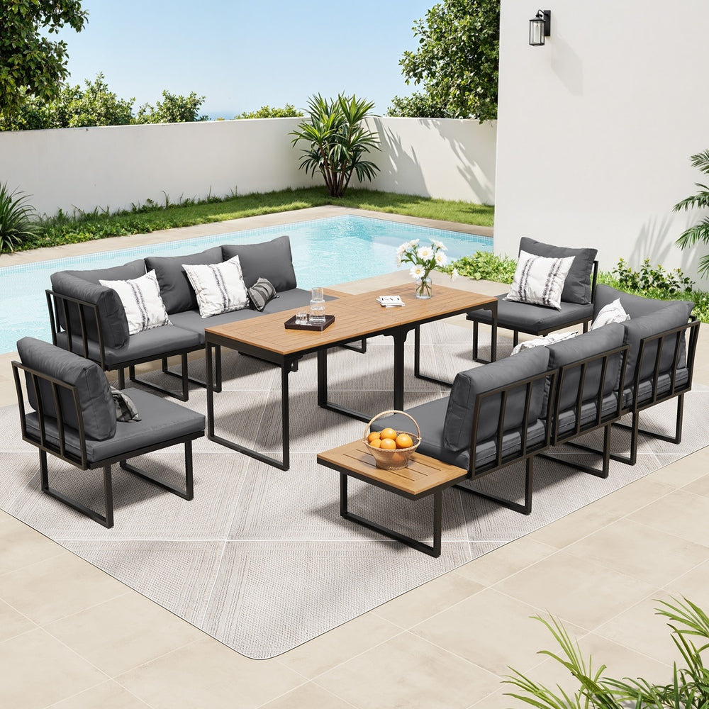 Bolero Amalfi 8 Seater Cushioned Outdoor Lounge Set with Table | Modern Metal Wood Soft Cushion Outdoor Dining Sofa Set