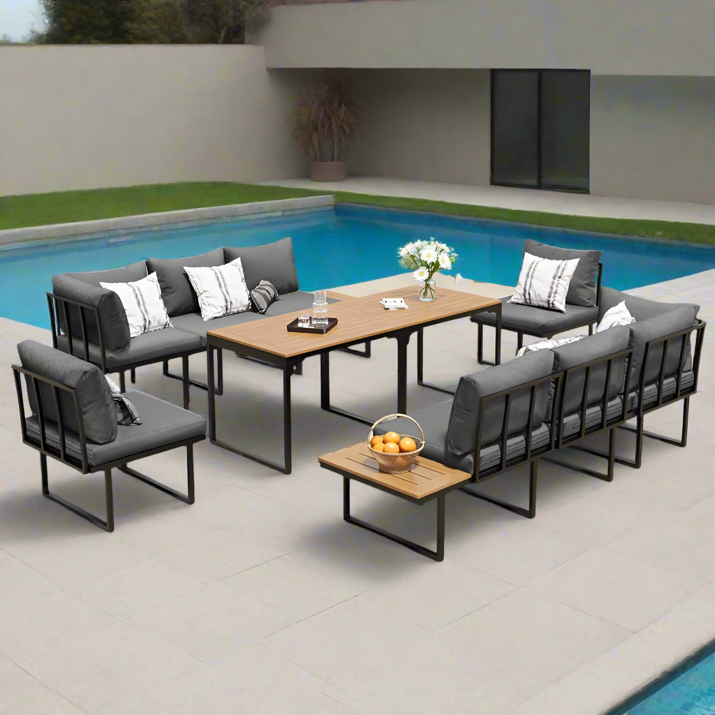 Bolero Amalfi 8 Seater Cushioned Outdoor Lounge Set with Table | Modern Metal Wood Soft Cushion Outdoor Dining Sofa Set