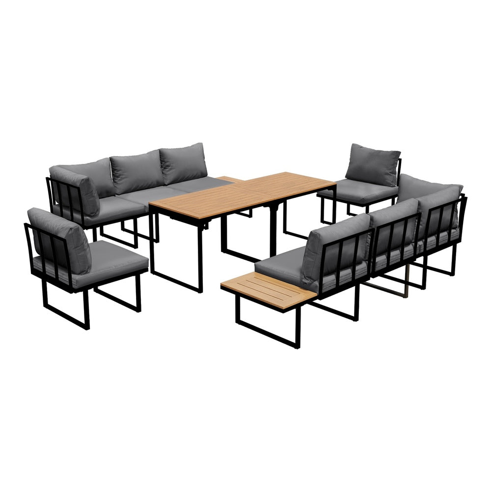 Bolero Amalfi 8 Seater Cushioned Outdoor Lounge Set with Table | Modern Metal Wood Soft Cushion Outdoor Dining Sofa Set