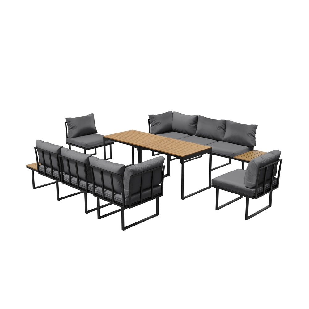 Bolero Amalfi 8 Seater Cushioned Outdoor Lounge Set with Table | Modern Metal Wood Soft Cushion Outdoor Dining Sofa Set