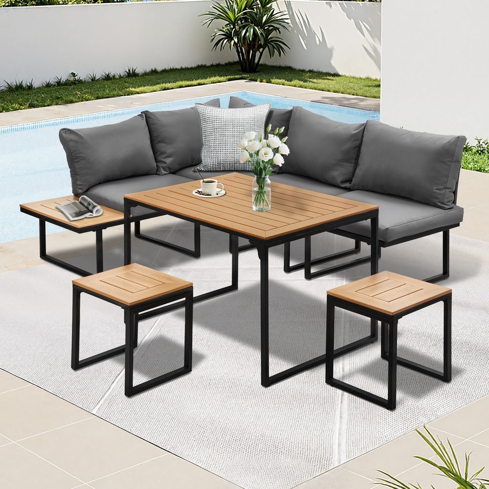 Bolero Amalfi 6 Seater Cushioned Outdoor Lounge Set with Table | Modern Metal Wood Soft Cushion Outdoor Dining Sofa Set