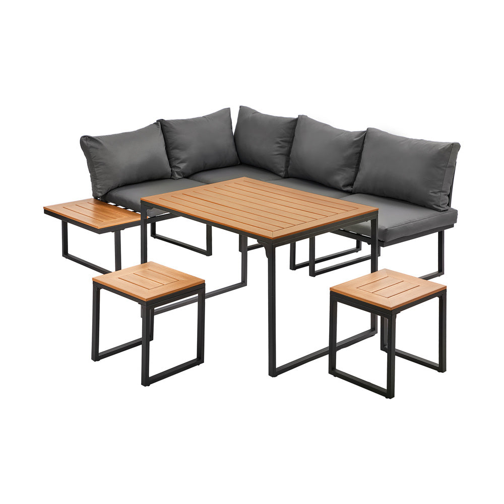 Bolero Amalfi 6 Seater Cushioned Outdoor Lounge Set with Table | Modern Metal Wood Soft Cushion Outdoor Dining Sofa Set