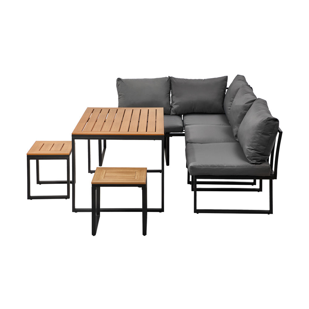 Bolero Amalfi 6 Seater Cushioned Outdoor Lounge Set with Table | Modern Metal Wood Soft Cushion Outdoor Dining Sofa Set