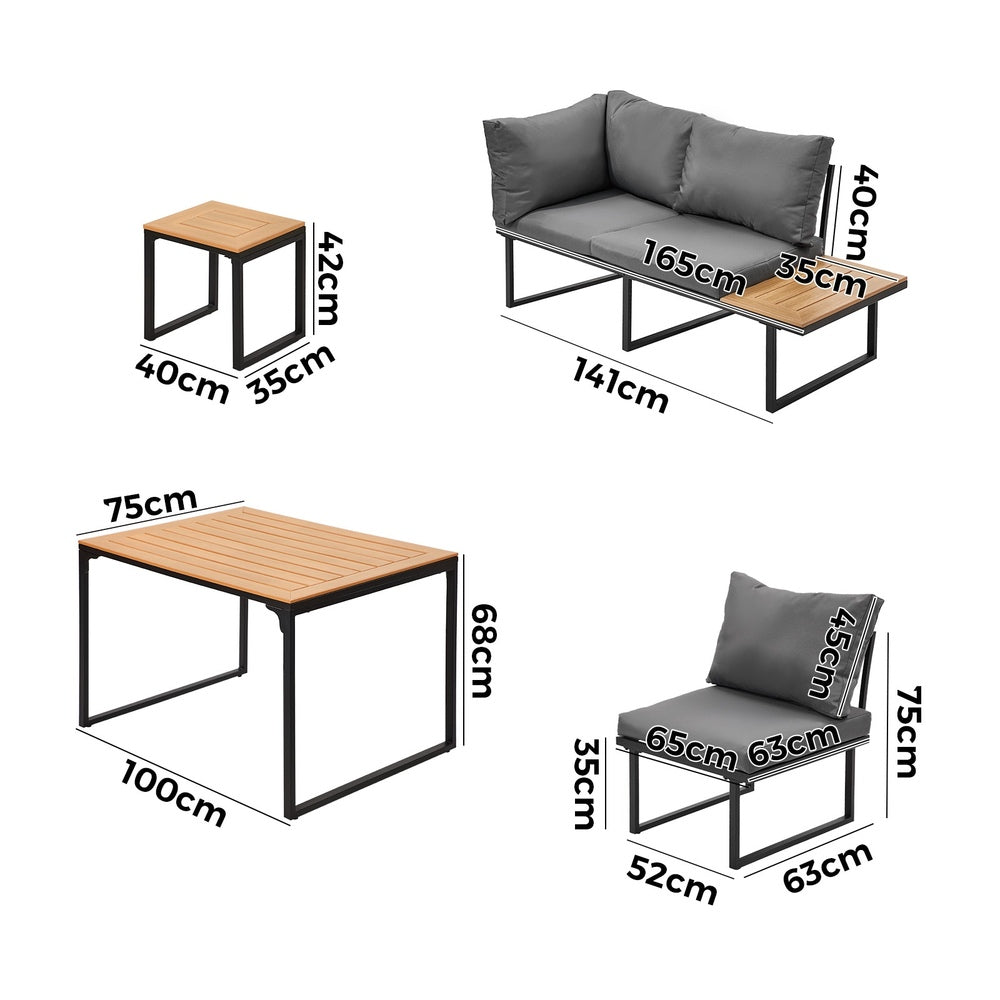 Bolero Amalfi 6 Seater Cushioned Outdoor Lounge Set with Table | Modern Metal Wood Soft Cushion Outdoor Dining Sofa Set