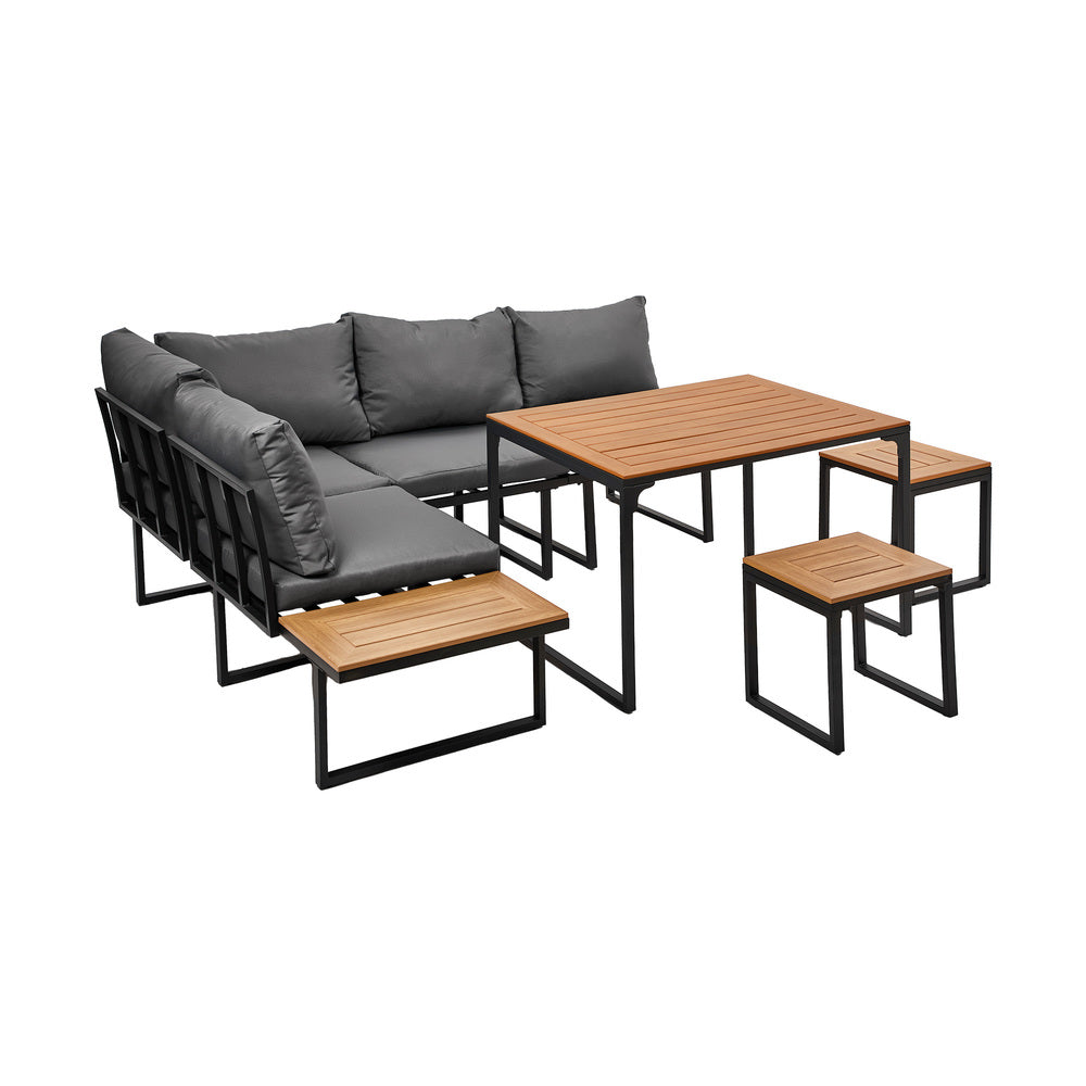 Bolero Amalfi 6 Seater Cushioned Outdoor Lounge Set with Table | Modern Metal Wood Soft Cushion Outdoor Dining Sofa Set