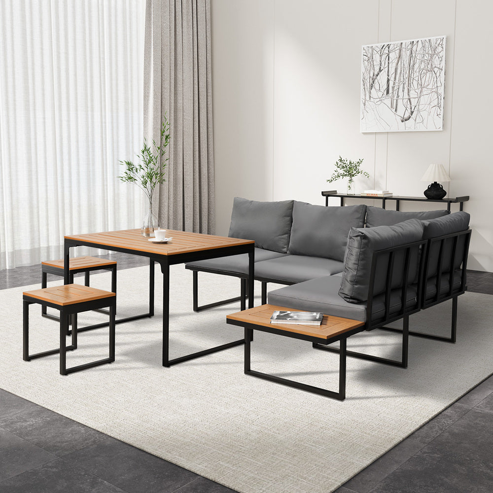 Bolero Amalfi 6 Seater Cushioned Outdoor Lounge Set with Table | Modern Metal Wood Soft Cushion Outdoor Dining Sofa Set