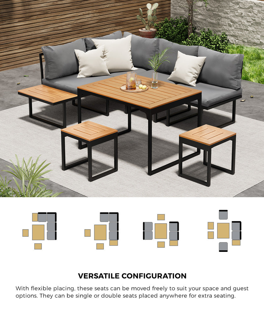 Bolero Amalfi 6 Seater Cushioned Outdoor Lounge Set with Table | Modern Metal Wood Soft Cushion Outdoor Dining Sofa Set