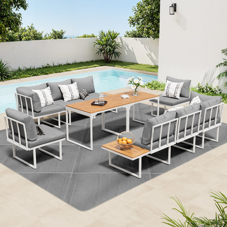 Bolero Amalfi 8 Seater Cushioned Outdoor Lounge Set with Table | Modern Metal Wood Soft Cushion Outdoor Dining Sofa Set