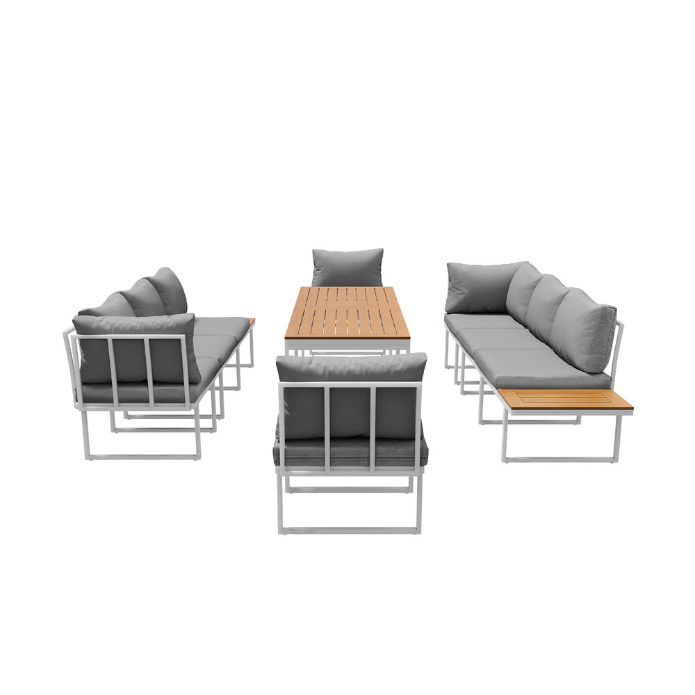Bolero Amalfi 8 Seater Cushioned Outdoor Lounge Set with Table | Modern Metal Wood Soft Cushion Outdoor Dining Sofa Set