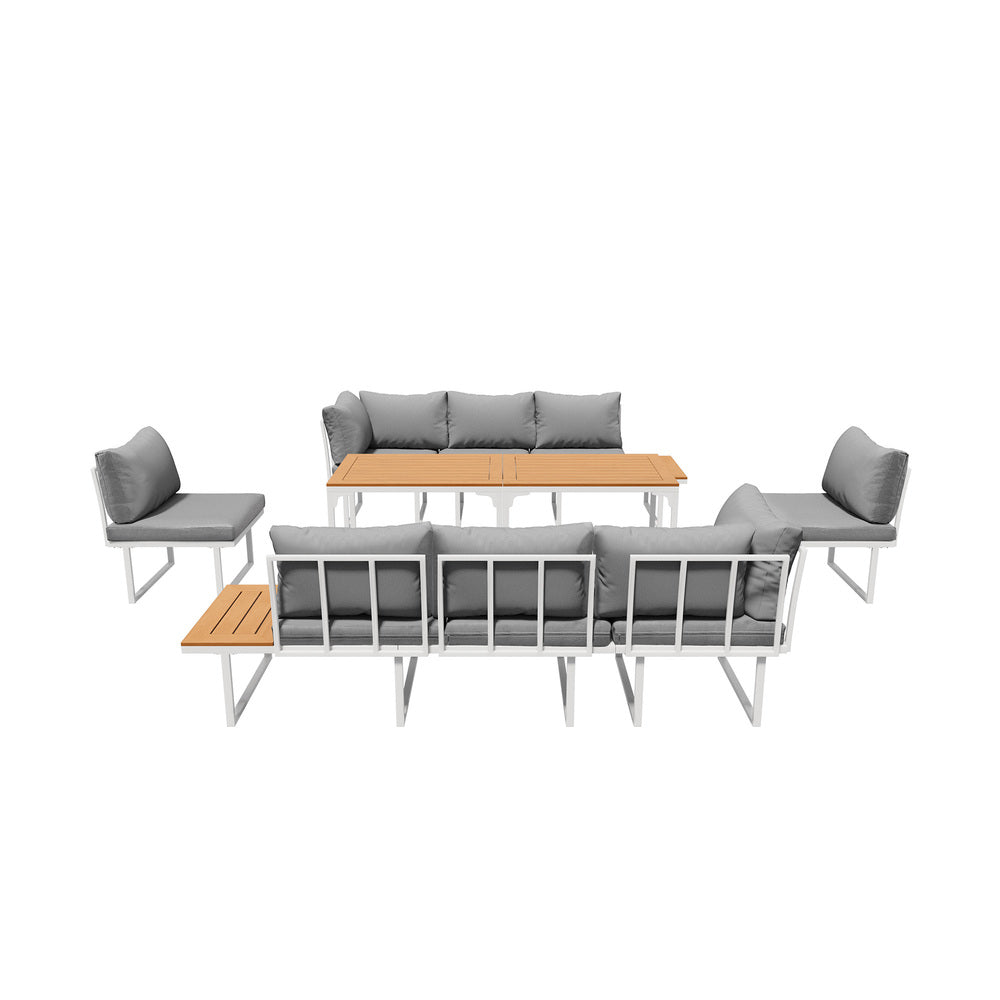 Bolero Amalfi 8 Seater Cushioned Outdoor Lounge Set with Table | Modern Metal Wood Soft Cushion Outdoor Dining Sofa Set