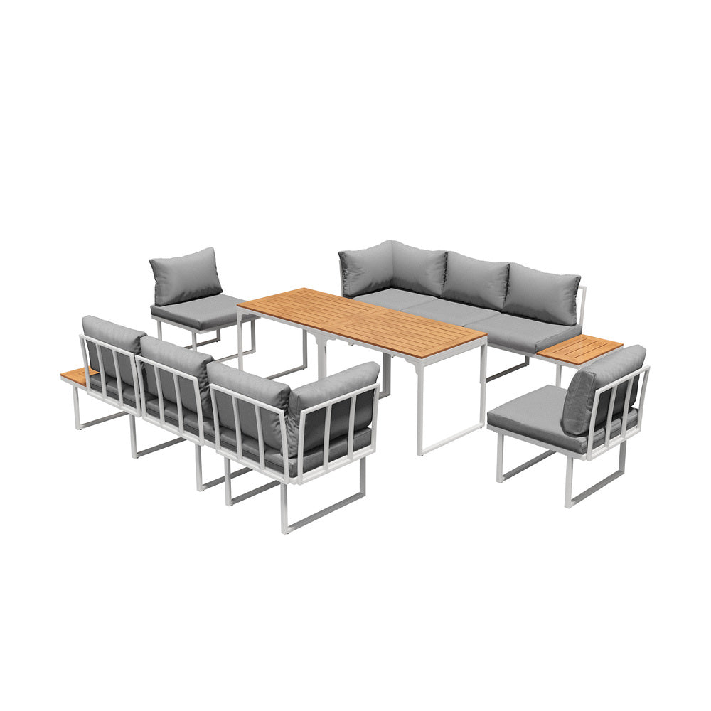 Bolero Amalfi 8 Seater Cushioned Outdoor Lounge Set with Table | Modern Metal Wood Soft Cushion Outdoor Dining Sofa Set