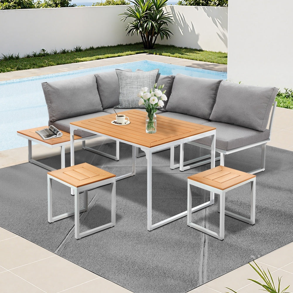 Bolero Amalfi 6 Seater Cushioned Outdoor Lounge Set with Table | Modern Metal Wood Soft Cushion Outdoor Dining Sofa Set