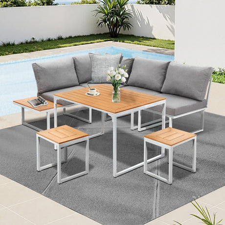 Bolero Amalfi 6 Seater Cushioned Outdoor Lounge Set with Table | Modern Metal Wood Soft Cushion Outdoor Dining Sofa Set
