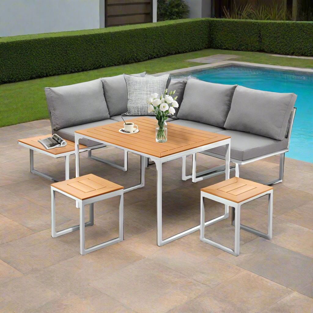 Bolero Amalfi 6 Seater Cushioned Outdoor Lounge Set with Table | Modern Metal Wood Soft Cushion Outdoor Dining Sofa Set