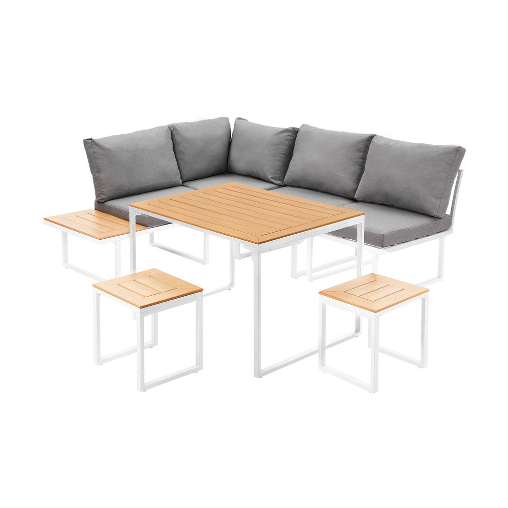 Bolero Amalfi 6 Seater Cushioned Outdoor Lounge Set with Table | Modern Metal Wood Soft Cushion Outdoor Dining Sofa Set