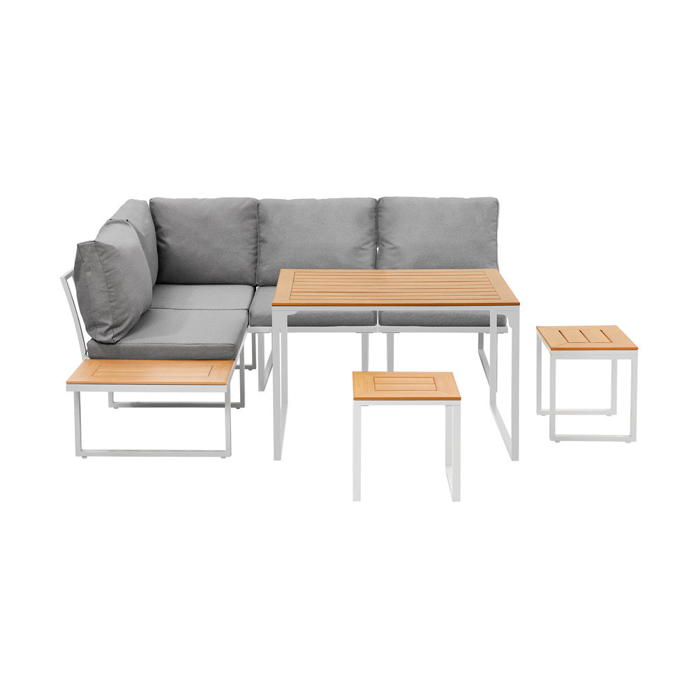 Bolero Amalfi 6 Seater Cushioned Outdoor Lounge Set with Table | Modern Metal Wood Soft Cushion Outdoor Dining Sofa Set