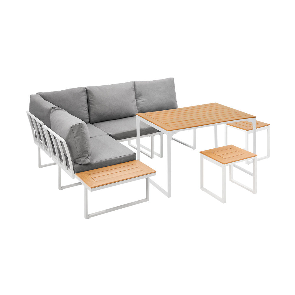 Bolero Amalfi 6 Seater Cushioned Outdoor Lounge Set with Table | Modern Metal Wood Soft Cushion Outdoor Dining Sofa Set