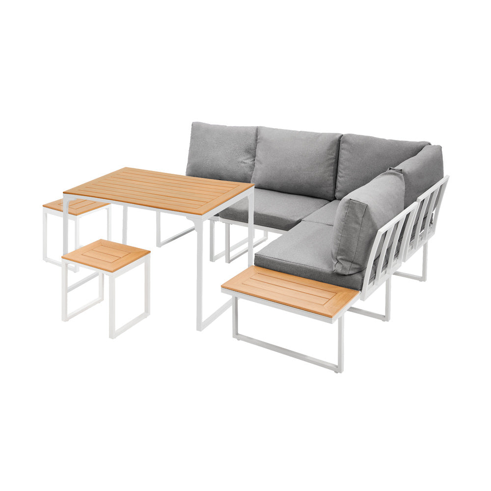 Bolero Amalfi 6 Seater Cushioned Outdoor Lounge Set with Table | Modern Metal Wood Soft Cushion Outdoor Dining Sofa Set