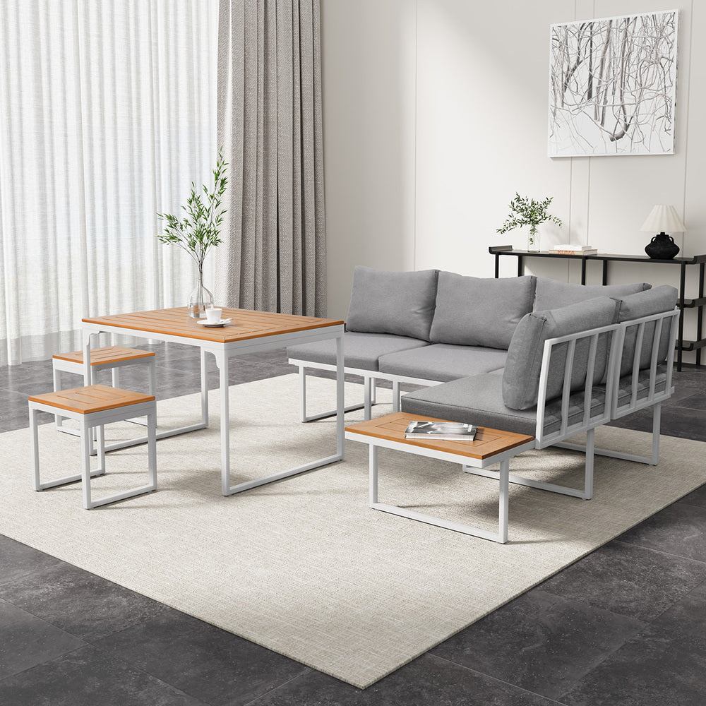 Bolero Amalfi 6 Seater Cushioned Outdoor Lounge Set with Table | Modern Metal Wood Soft Cushion Outdoor Dining Sofa Set