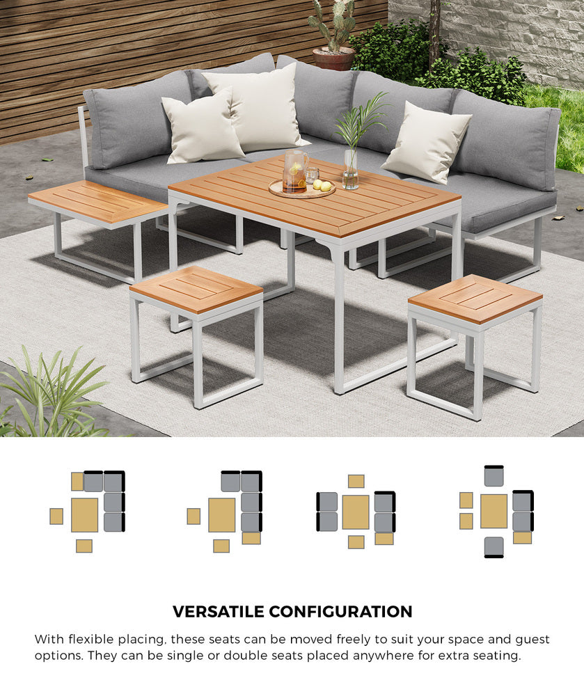 Bolero Amalfi 6 Seater Cushioned Outdoor Lounge Set with Table | Modern Metal Wood Soft Cushion Outdoor Dining Sofa Set