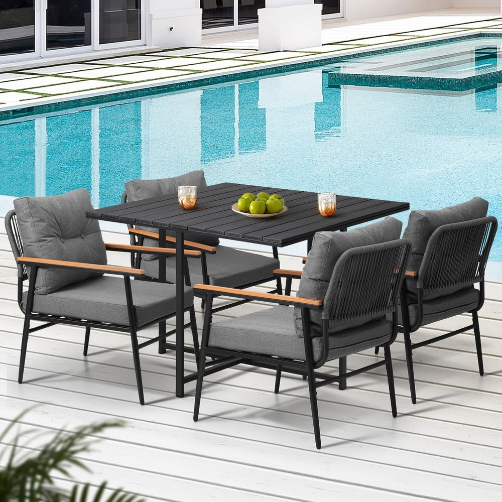 Empire Black 5pc Modern Table and Chair Outdoor Set | Designer Cushioned Chairs and Table Patio Furniture Set