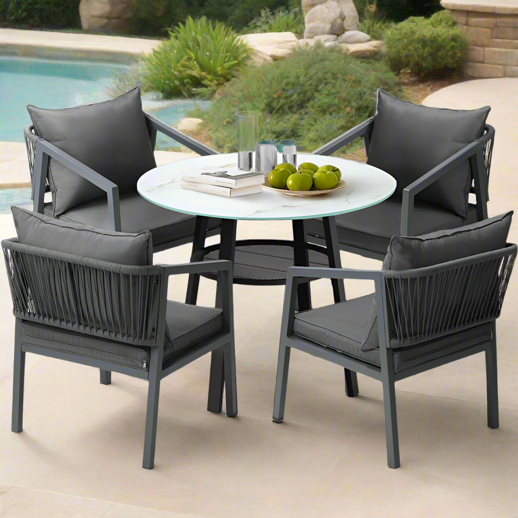 Playa Orsini 3 or 5pc Marble Style Table and Chair Outdoor Set | Soft Cushioned Chairs and Table Patio Furniture Set