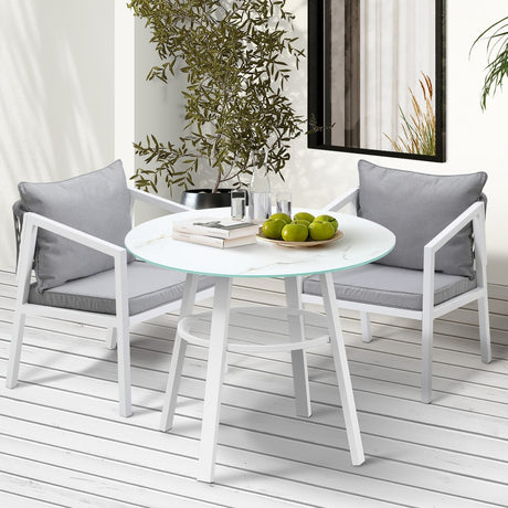 Piazza White 3 or 5pc Marble Style Table and Chair Outdoor Set | Soft Cushioned Chairs and Table Patio Furniture Set