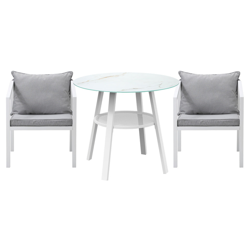 Piazza White 3 or 5pc Marble Style Table and Chair Outdoor Set | Soft Cushioned Chairs and Table Patio Furniture Set