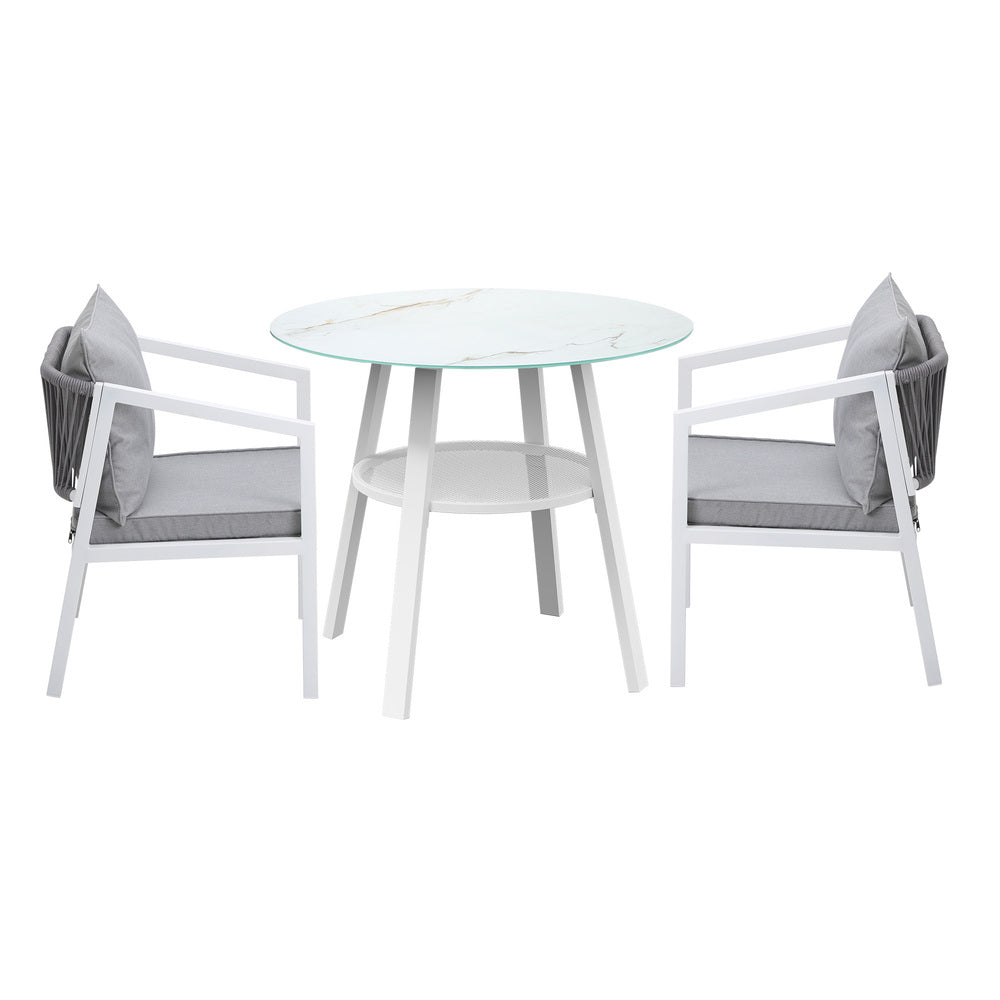Piazza White 3 or 5pc Marble Style Table and Chair Outdoor Set | Soft Cushioned Chairs and Table Patio Furniture Set