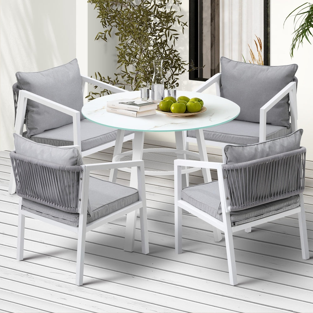 Piazza White 3 or 5pc Marble Style Table and Chair Outdoor Set | Soft Cushioned Chairs and Table Patio Furniture Set