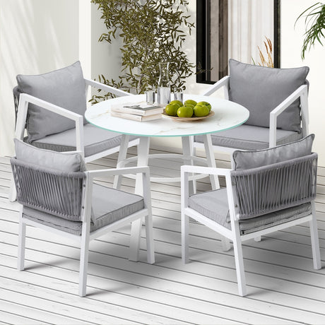 Piazza White 3 or 5pc Marble Style Table and Chair Outdoor Set | Soft Cushioned Chairs and Table Patio Furniture Set