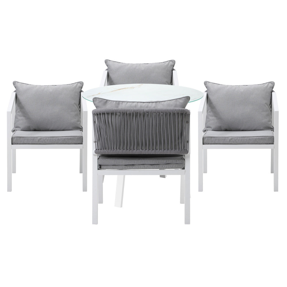 Piazza White 3 or 5pc Marble Style Table and Chair Outdoor Set | Soft Cushioned Chairs and Table Patio Furniture Set