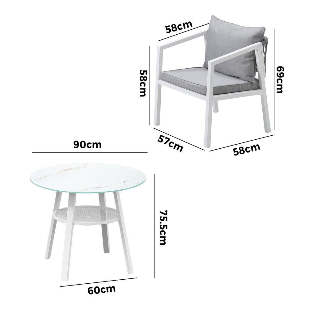 Piazza White 3 or 5pc Marble Style Table and Chair Outdoor Set | Soft Cushioned Chairs and Table Patio Furniture Set
