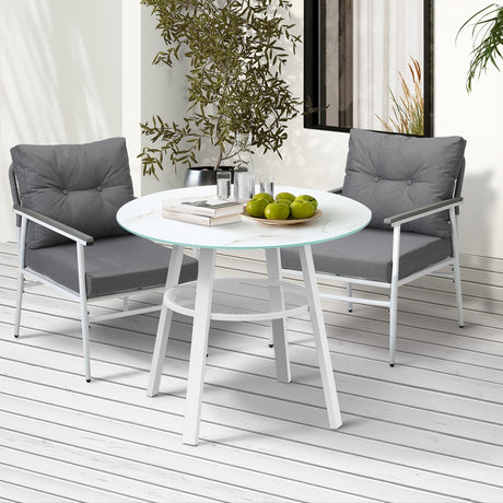 Piazza White 3 or 5pc Marble Style Table and Chair Outdoor Set | Soft Cushioned Chairs and Table Patio Furniture Set