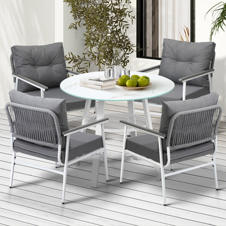 Piazza White 3 or 5pc Marble Style Table and Chair Outdoor Set | Soft Cushioned Chairs and Table Patio Furniture Set