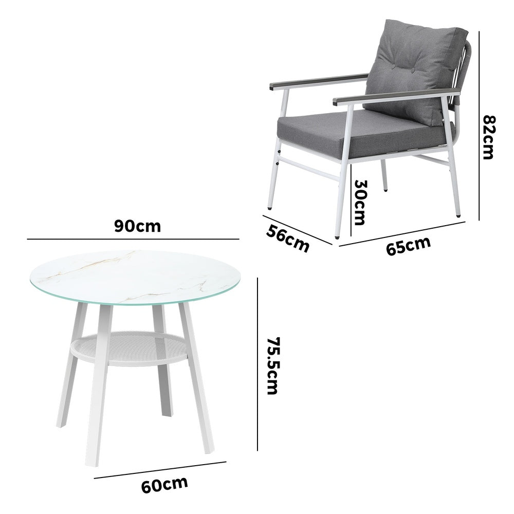 Piazza White 3 or 5pc Marble Style Table and Chair Outdoor Set | Soft Cushioned Chairs and Table Patio Furniture Set