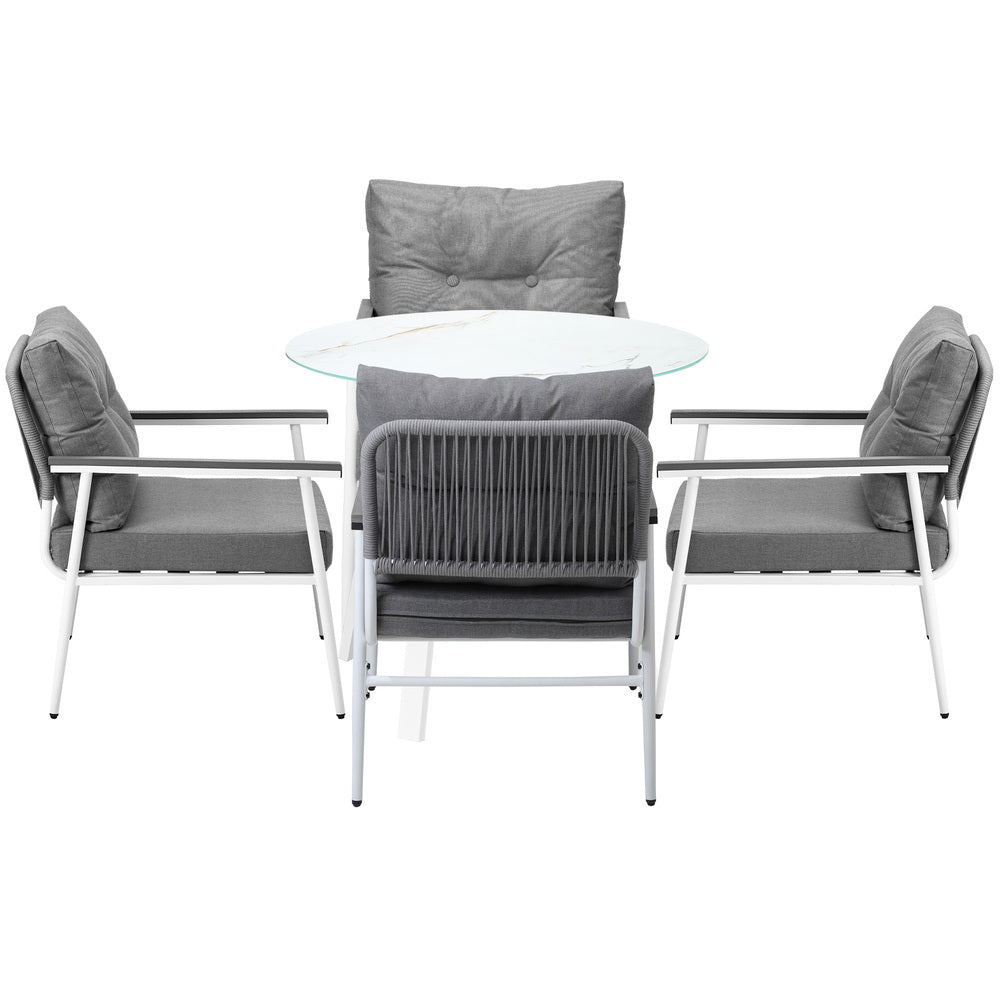 Piazza White 3 or 5pc Marble Style Table and Chair Outdoor Set | Soft Cushioned Chairs and Table Patio Furniture Set