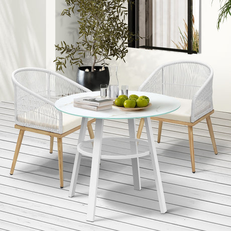Piazza White 3 or 5pc Marble Style Table and Chair Outdoor Set | Soft Cushioned Chairs and Table Patio Furniture Set